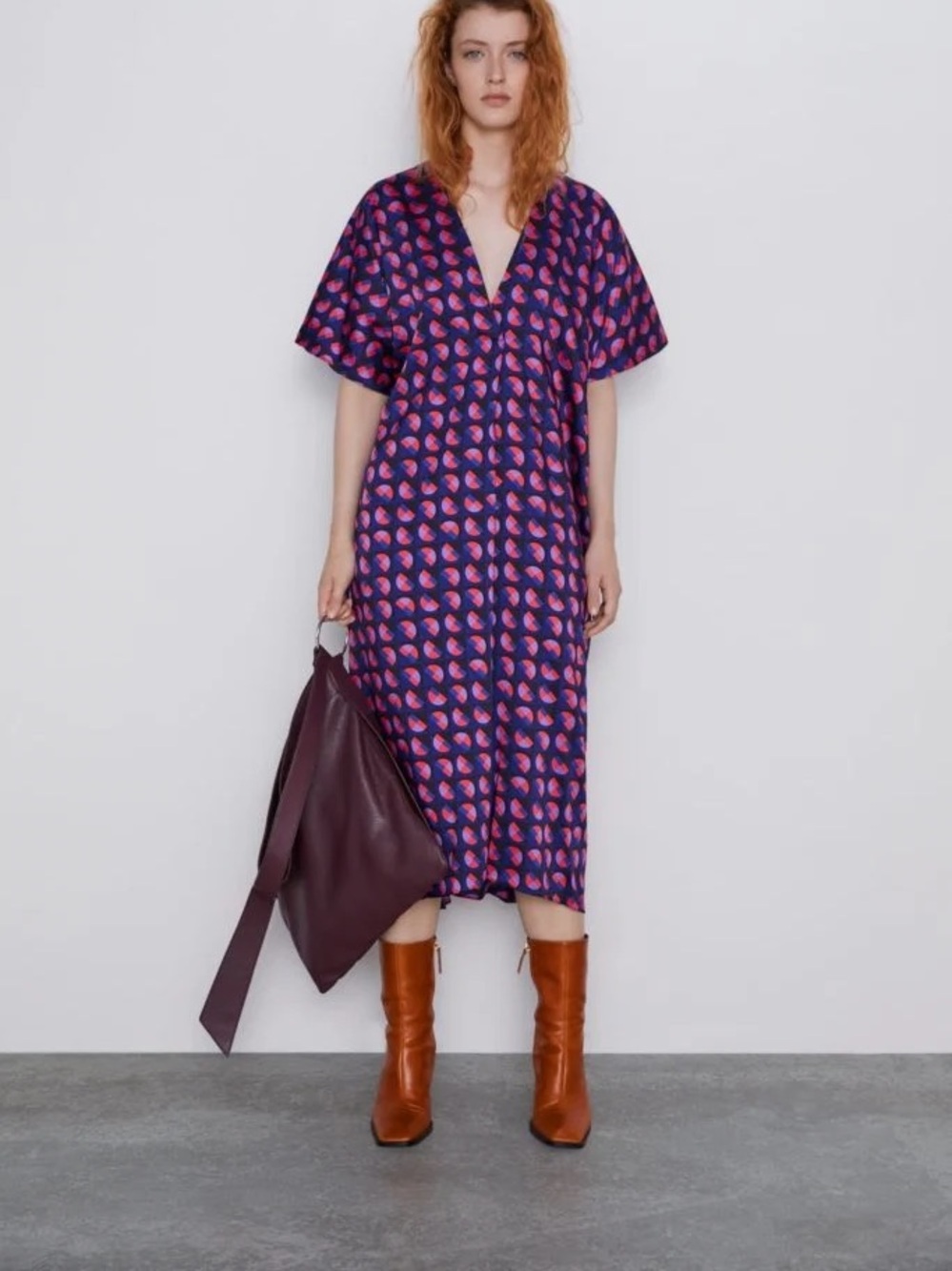 Navy Shift Dress with Purple & Red Geometric Print